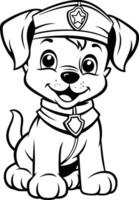 nero e bianca cartone animato illustrazione di carino cucciolo polizia cane per colorazione libro vettore