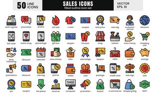 i saldi icone set.e-commerce in linea shopping pieno schema icone vettore