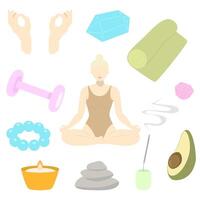 yoga elementi impostare. piatto yoga elementi impostato con donna nel loto posa, stuoia, candela, cristallo, roccia, avocado vettore