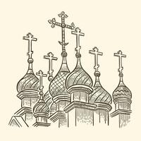 ortodosso cupole con croci su il tempio. ortodosso religione. illustrazione su un' bianca sfondo, schizzo vettore