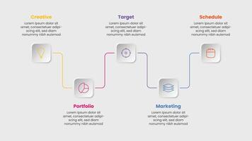 multicolore neumorphism Infografica modello. diagramma di flusso attività commerciale con 5 opzioni. attività commerciale presentazione nel morbido ui colore. vettore