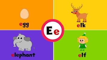 lettera e e flashcard per bambini con 4 parole uovo alce elefante elfo vettore