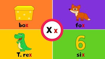 lettera X X flashcard per bambini con 4 parole scatola Volpe t. rex sei vettore