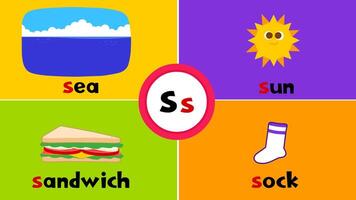 lettera S S flashcard per bambini con 4 parole mare Sandwich sole calzino vettore