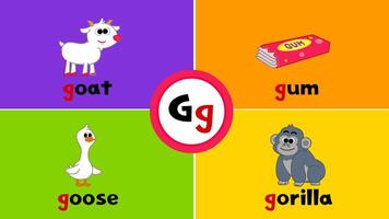lettera g g flashcard per bambini con 4 parole capra Oca gorilla gomma vettore