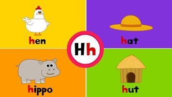 lettera h h flashcard per bambini con 4 parole gallina ippopotamo cappello capanna vettore