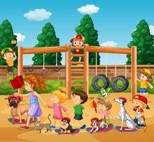 scena del parco giochi con bambini che giocano con i loro animali vettore