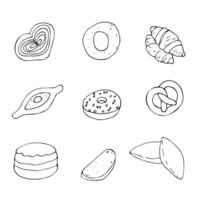 impostato di forno prodotti nel cartone animato stile su un' bianca sfondo. schema disegno di torte e panini. vettore