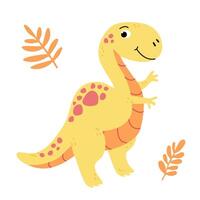 affascinante illustrazione di un' carino giallo dinosauro nel un' piatto stile. amichevole e giocoso design è ideale per figli di libri, maglietta, asilo arredamento, saluto carte, festa inviti vettore