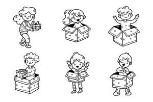 bambino con regalo scatola mano disegnato illustrazioni nel linea arte stile vettore