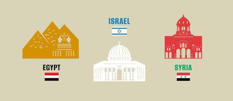 Egitto, Israele, Siria. illustrazione. attività commerciale viaggio e turismo concetto con storico edifici. vettore