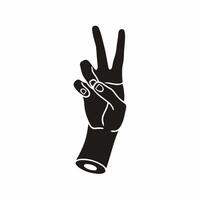 nero silhouette di pace mano simbolo su bianca sfondo con bianca Linee definizione pollice e dita. mano gesto piatto icona decalcomania illustrazione. vettore