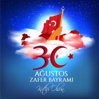 turchia celebrazione nazionale carta, distintivo, banner o poster disegno vettoriale 30 agustos zafer bayrami kutlu olsun, traduzione inglese, felice 30 agosto, giorno della vittoria