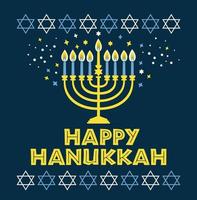 festa ebrea hanukkah biglietto di auguri simboli tradizionali chanukah - candele menorah, stella david illustrazione su blu. vettore