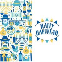 festa ebrea hanukkah biglietto di auguri simboli tradizionali chanukah - dreidels in legno trottola e lettere ebraiche, ciambelle, candele menorah, barattolo di olio, illustrazione di star david. vettore