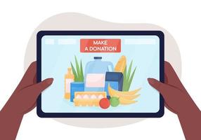 fare donazione online 2d illustrazione vettoriale isolato. ordinare cibo per il servizio sociale. prodotti alimentari. schermo piatto tablet su sfondo di cartone animato. considerando la scena colorata del contributo di beneficenza