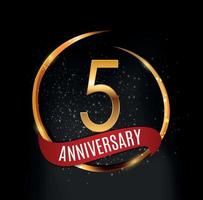 modello logo oro 5 anni anniversario con illustrazione vettoriale nastro rosso