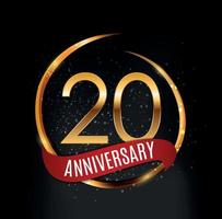 modello logo oro 20 anni anniversario con illustrazione vettoriale nastro rosso