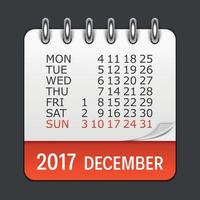 dicembre 2017 calendario icona quotidiana. emblema di illustrazione vettoriale. elemento di design per la decorazione di documenti e applicazioni per ufficio. logo di giorno, data, mese e festività vettore