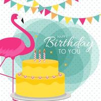 buon compleanno poster sfondo con torta fenicottero rosa colorato e cartone animato. illustrazione vettoriale