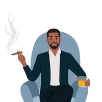 giovane uomo aristocratico si siede nel poltrona nel costoso formale completo da uomo e bevande Brandy con sigaro. vettore