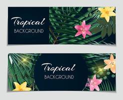 buono regalo tropicale naturale astratto, sfondo carta sconto con palme e altre foglie e fiori di giglio. illustrazione vettoriale