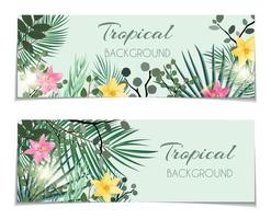 buono regalo tropicale naturale astratto, sfondo carta sconto con palme e altre foglie e fiori di giglio. illustrazione vettoriale