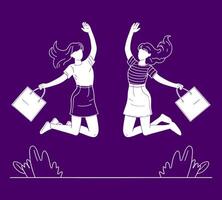 Due ragazze salto con shopping borse e dando alto cinque. un' pulito e moderno piatto design illustrazione. vettore