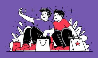 un' pulito e moderno piatto design illustrazione di Due ragazzo seduta con shopping Borsa e assunzione autoscatto. vettore