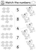 incontro il numeri sotto il mare nero e bianca gioco con pellicano mangiare pesce. oceano vita linea matematica attività per prescolastico bambini. marino conteggio colorazione pagina con carino acqua animali e uccello vettore