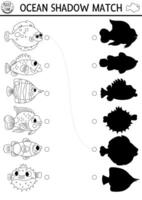 sotto il mare nero e bianca ombra accoppiamento attività con pesce. oceano linea puzzle con carino platessa, basso, pesce pagliaccio. trova corretta silhouette stampabile foglio di lavoro. acqua animali colorazione pagina vettore