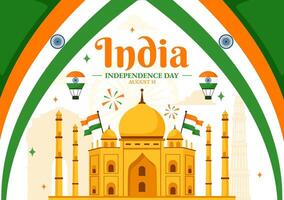 contento indipendenza giorno India illustrazione su 15 agosto con il indiano bandiera nel un' nazionale vacanza piatto cartone animato stile sfondo vettore