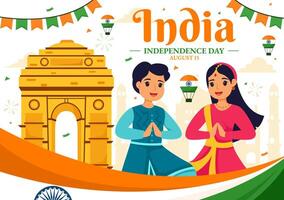 contento indipendenza giorno India illustrazione su 15 agosto con il indiano bandiera nel un' nazionale vacanza piatto cartone animato stile sfondo vettore