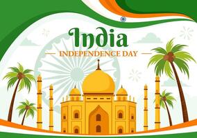 contento indipendenza giorno India illustrazione su 15 agosto con il indiano bandiera nel un' nazionale vacanza piatto cartone animato stile sfondo vettore