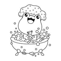sorridente rana nel doccia berretto bagna nel bagno con schiuma e gomma da cancellare anatra. schema cartone animato kawaii animale carattere. linea disegno, colorazione libro. illustrazione. bambini collezione. vettore