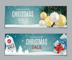 illustrazione vettoriale astratta vendita di Natale, offerta speciale sfondo con confezione regalo e palla d'oro. modello di carta sconto caldo invernale