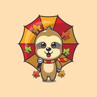 carino bradipo con ombrello a autunno stagione vettore