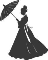 silhouette indipendente coreano donne indossare hanbok con ombrello nero colore solo vettore