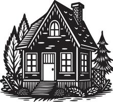 mano disegnato Casa con alberi illustrazione nero e bianca vettore