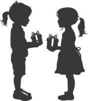 silhouette poco ragazza e poco ragazzo coppia scambio regalo scatola nero colore solo vettore