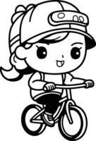 carino poco ragazza equitazione bicicletta. cartone animato personaggio illustrazione. vettore