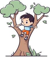 carino poco ragazzo arrampicata un' albero nel cartone animato stile. vettore