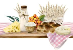 contento Shavuot senza soluzione di continuità orizzontale bandiera con tradizionale cibo. ebraico vacanza acquerello illustrazione con Grano cestino, Villetta formaggio, latte, challah, uva, e eucalipto le foglie vettore