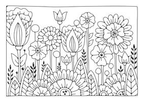 sfondo con astratto fiori e mini cuffie per colorazione. arte terapia. colorazione pagina. vettore