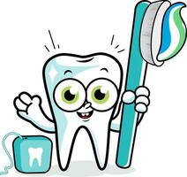 carino divertente cartone animato dente a il dentista. dente personaggio Tenere un' spazzolino e un' dentale filo interdentale. vettore