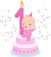 bambino ragazza su un' compleanno torta festeggiare sua primo compleanno lancio coriandoli. compleanno festa bambino ragazza con rosa torta e festa cappello. vettore