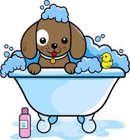 carino cartone animato cane nel un' bagno vasca assunzione un' bolla bagno. cucciolo animale domestico a il governare salone. vettore