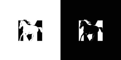 il design del logo con la lettera m iniziale abbinata al simbolo di un cavallo è moderno e professionale vettore