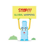 la divertente mascotte della bottiglia invita a salvare il mondo dal riscaldamento globale vettore