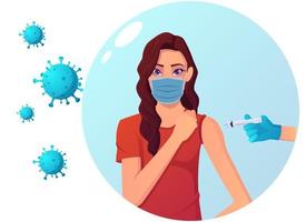 vaccinazione per la protezione contro l'illustrazione del virus. prevenzione del covid con vaccino, bolla scudo e illustrazione del coronavirus vettore